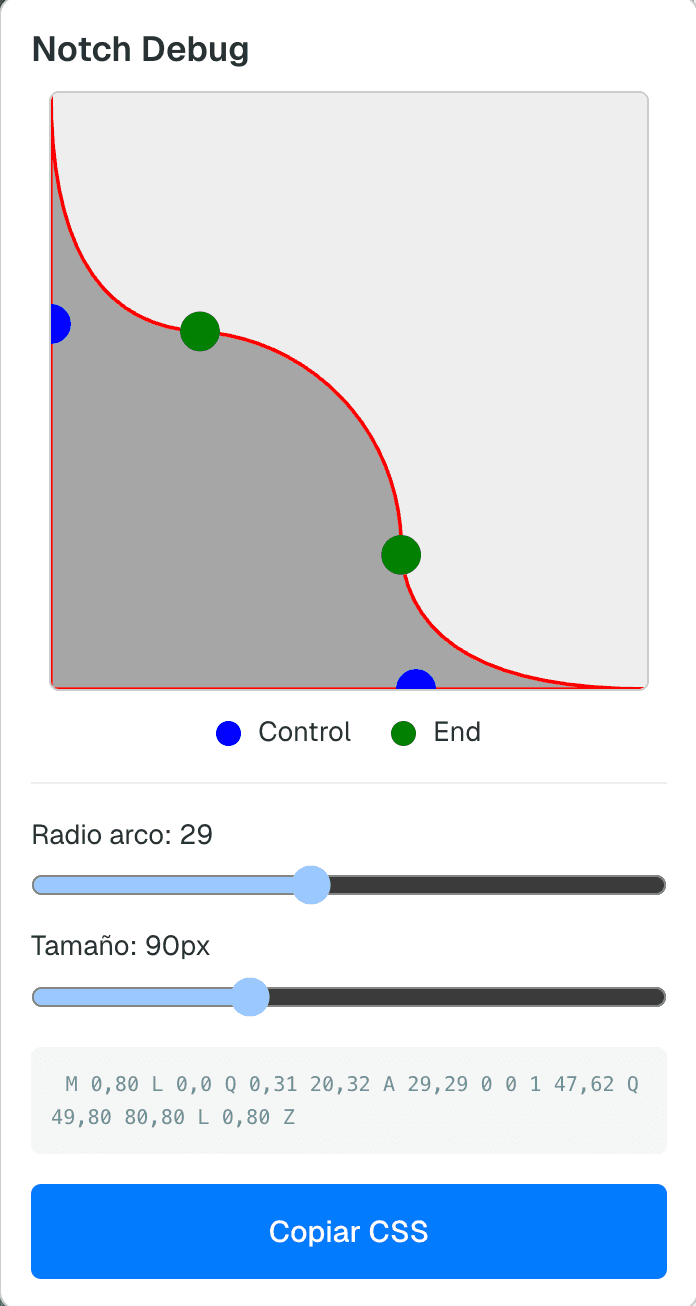 Notch Debug — herramienta visual con puntos de control, sliders y botón para copiar CSS